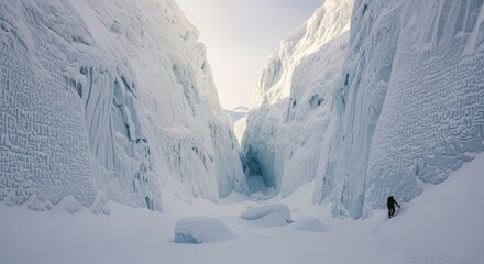 A lone skier navigates a narrow, icy canyon with towering, textured glacier walls under a bright sky.