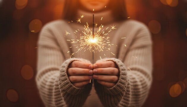 Cozy hands holding a bright sparkler in warm festive bokeh
