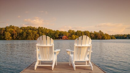 Naklejka premium Two white Muskoka chairs positioned on a dock beside a tranquil lake, with a brown cottage surrounded by lush greenery, relaxation spot