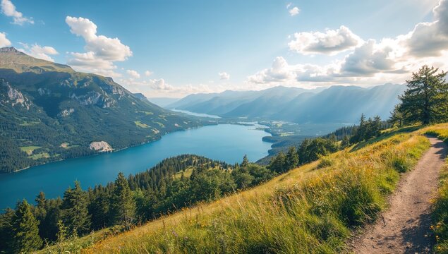 Summer vacation watercolor landscape featuring mountains and a blue lake, promoting relaxation and outdoor enjoyment