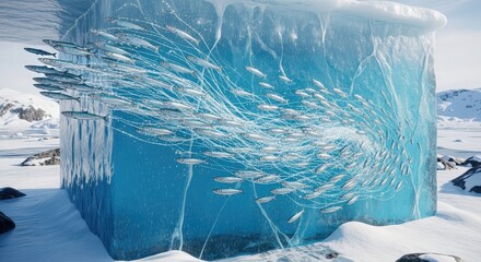 A school of small fish swimming in a swirling pattern within a large, transparent ice cube in a snowy landscape.