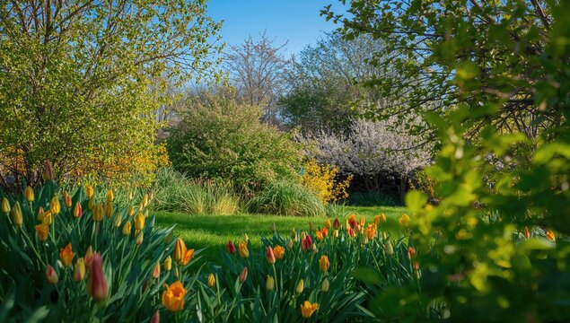 Lush greenery in springtime, symbolizing growth and renewal, seasonal change