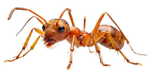 Closeup macro photograph of a reddishbrown ant with visible antennae, mandibles, and segmented body, isolated on transparent background