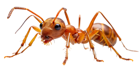 Closeup macro photograph of a reddishbrown ant with visible antennae, mandibles, and segmented body, isolated on transparent background
