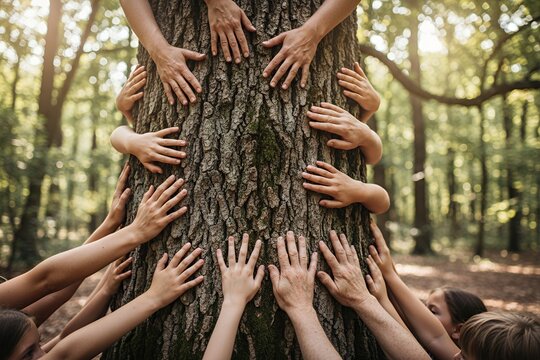 Group of hands embracing tree trunk in forest during daytime pedigree chart family tree - Powered by Adobe