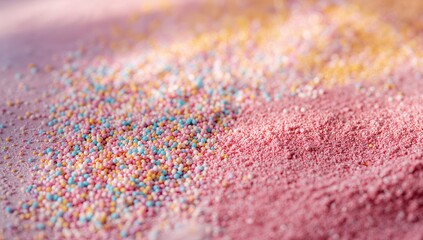 Fototapeta premium Vibrant cake decorations in powder and granule form, suitable for creating a colorful background for desserts