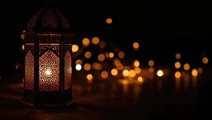 Ornamental Arabic lantern with a lit candle illuminating the darkness, festive ambiance for Ramadan