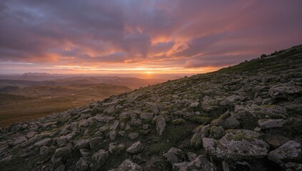 Aerial view of mossy stones on a mountain under an overcast sunset sky, erosion risk