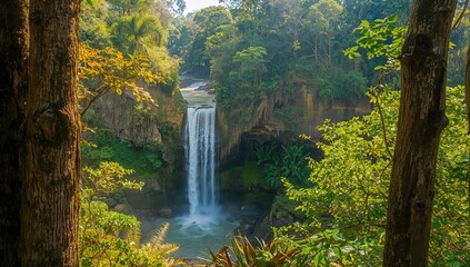 Scenic waterfall surrounded by lush greenery and forest plants