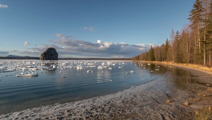 Spring landscape featuring Baikal Lake with ice floes, highlighting seasonal change