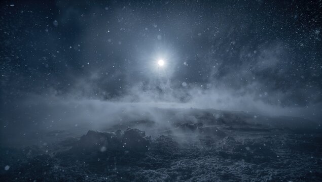 Moonlit snowfall during a smoky night, showcasing seasonal change