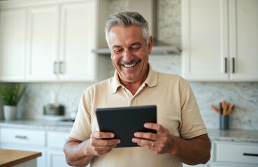Joyful mature man smiles using tablet in light interior. Senior male browses content. Elderly hispanic man interacts with cyberspace on social media app at home online.