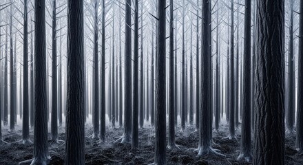 A dense, dark forest with tall, bare trees creating a somber and mysterious atmosphere.