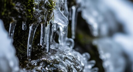 Close-up of icicles dripping from a mossy rock in a cold, winter environment.