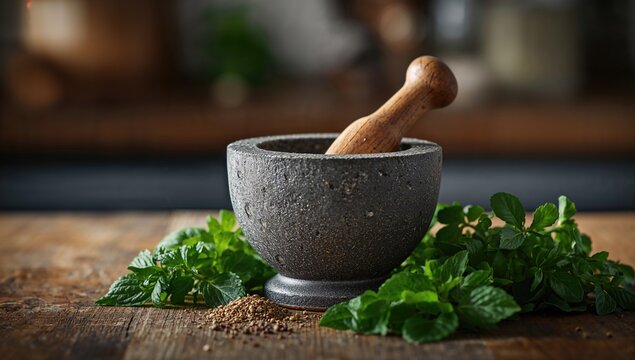 Mortar and pestle for blending herbs, essential kitchen tool for effective food preparation