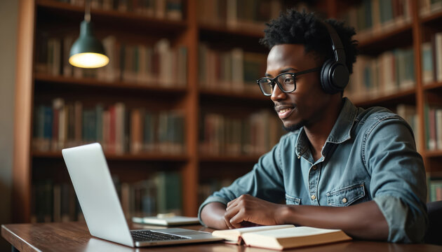 Young african man studies on laptop in library. He wears glasses, headphones. Focused face shows concentration while learning digital content. Scene represents academic pursuit, future opportunities.