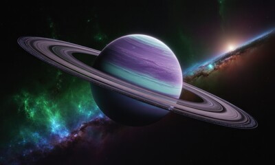 A vibrant exoplanet with a prominent ring system, set against a backdrop of swirling nebulas and a distant star