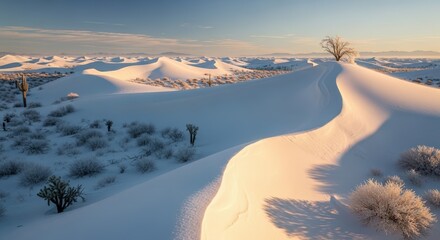 Expansive White Sand Dunes Under a Soft Golden Hour Sky with Sparse Desert Vegetation.