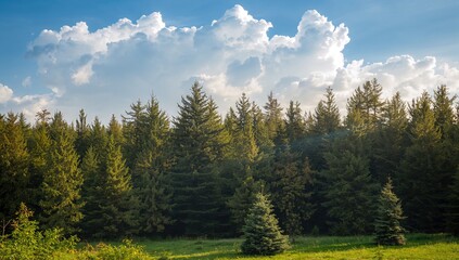 Fototapeta premium Scenic spruce forest illuminated by sunlight in a tranquil countryside, seasonal change