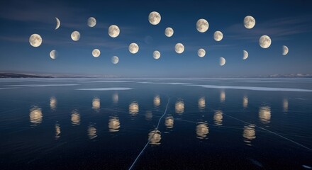 Composite image showing the phases of the moon reflected on a frozen lake under a clear blue sky.