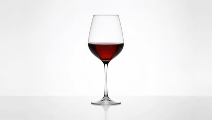 Single long-stemmed glass of red wine on a white background, potential alcohol moderation concern