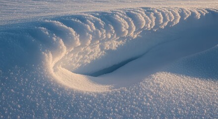 Close-up of wind-sculpted snowdrift with delicate ridges and shadows at sunrise.