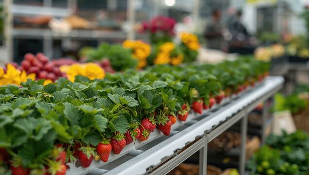 Strawberries cultivated using tabletop irrigation system, fiber-dense choice - Powered by Adobe