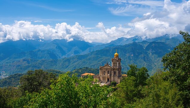 Chalma sanctuary, a sacred Christian pilgrimage site amidst mountains, focus on spiritual reflection