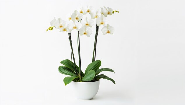 Natural white orchids in a white pot with green leaves, ideal for indoor decor