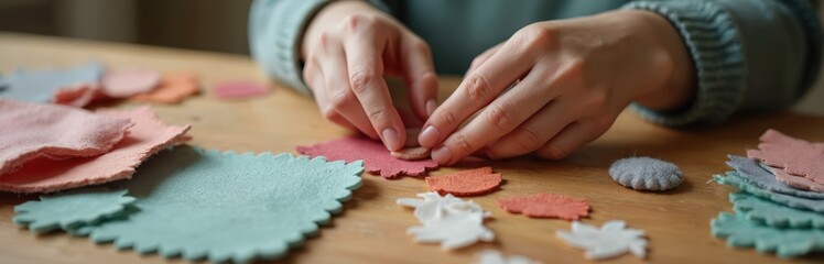Female hands crafting with colorful fabric scraps on wooden table. Woman doing handmade creative work with textile and felt elements at workspace. Artistic hobby at home.