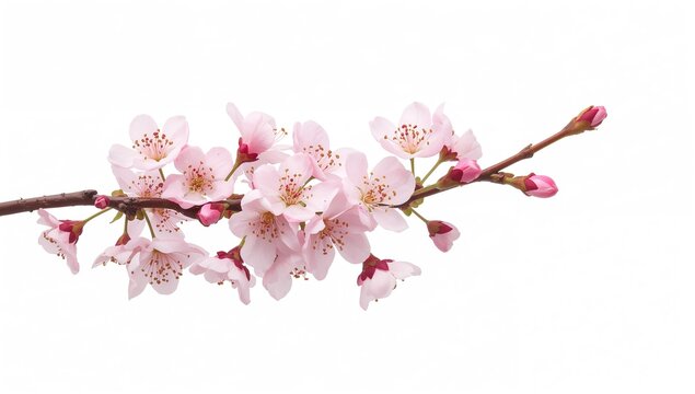 Cherry blossom, pink flowers in full bloom against a white backdrop, seasonal beauty