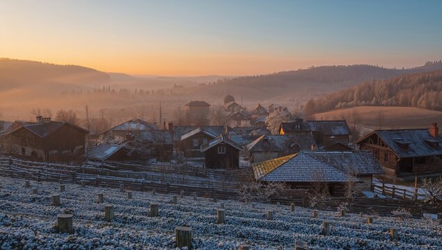 Winter sunset over a village featuring historic 19th-century homes, highlighting preservation