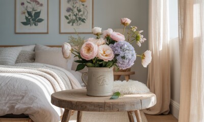 Bedroom with floral centerpiece. Soft pastel hues