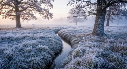 A serene winter landscape with a winding stream flowing through frosted grass and majestic oak trees under a soft, misty sky.