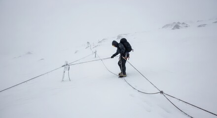 A lone hiker navigates a snowy mountain trail using a safety cable in a blizzard.