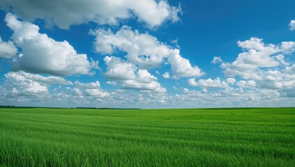 Fototapeta premium Lush green lawn beneath a bright blue sky dotted with fluffy white clouds