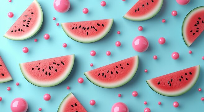 Colorful Arrangement of Watermelon Slices and Pink Spheres on a Light Blue Background
