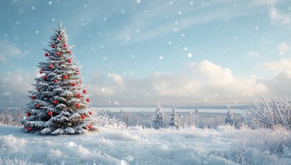 Winter landscape showcasing a adorned evergreen with crimson decorations and snowfall, seasonal joy, Christmas