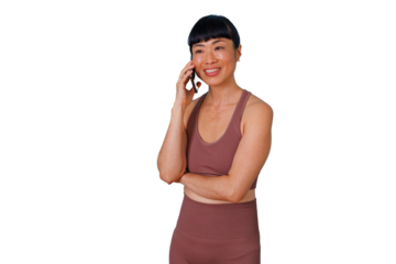 Confident mature businesswoman using digital tablet, engaging with technology, professional curly haired woman, transparent background