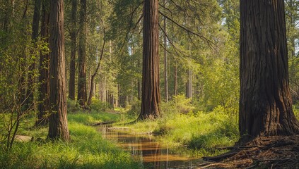 Obraz premium The serene Cement Creek flowing through the majestic Redwood Forest, seasonal change