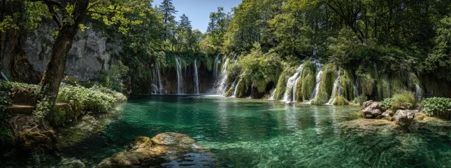 Tableau sur plexiglas Paysages Lush forest waterfall cascading into a crystal-clear pool  © putra