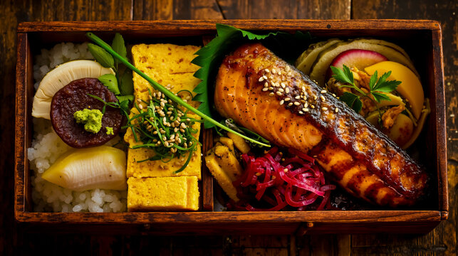 Sushi seafood salmon rice vegetables garnish wasabi pickled ginger soy sauce chopsticks bento box Japanese cuisine healthy meal meal prep food presentation culinary art