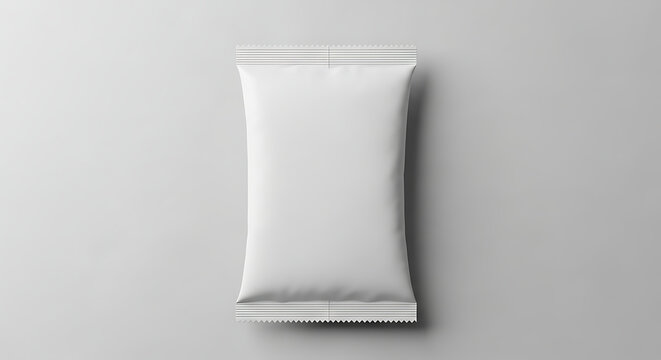 Empty white flow wrap pillow bag packaging blank template isolated on bright gray background for product mock up
