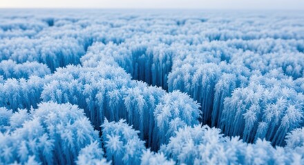 Close-up view of frost formations resembling a dense forest of ice crystals under a pale sky.