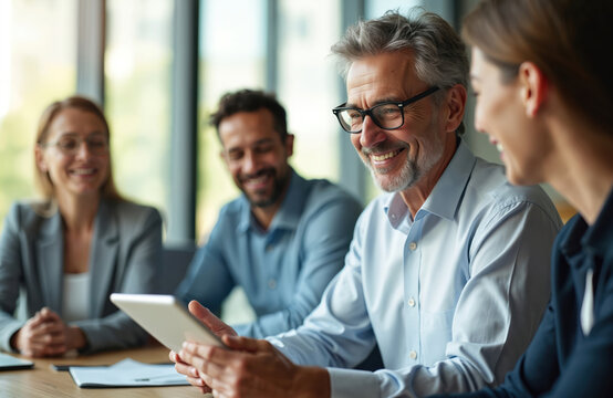 Mature businessman with glasses uses tablet during meeting in office. Colleagues listen, smile, and engage in discussion at a table. Modern workplace collaboration.