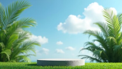 Fototapeta premium Concrete podium stands on green grass. Blurred tropical plants and blue sky create a natural background. Simple scene for product presentation or eco advert.