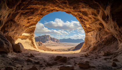Obraz premium View from inside rough circular tunnel opening looking out to vast desert