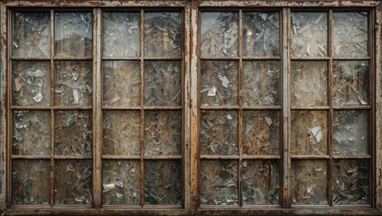 Old grid windows with shattered glass, erosion risk