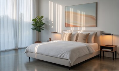 Fototapeta premium Bright bedroom with large window, sunlight streaming in