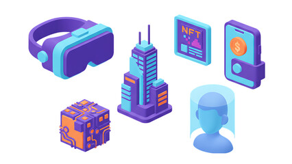 Modern 3D Metaverse Icon Set Minimalist NFT Virtual Reality Headset and Future City Building Symbols for Digital World and Web3 Platform